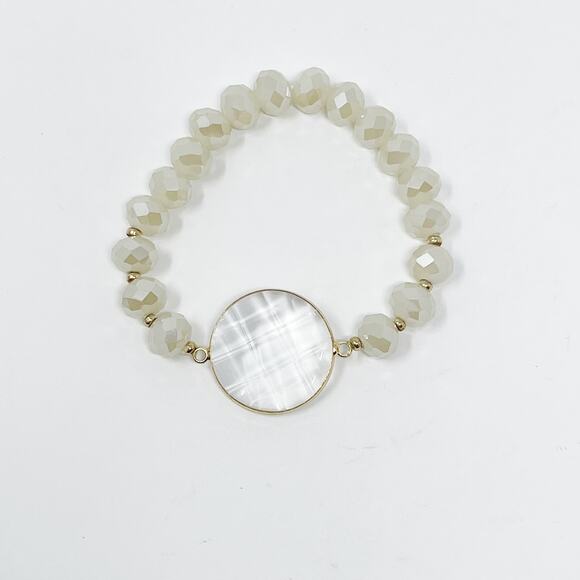 Cream Beaded Stretch Bracelet with Clear Gemstone Charm Fashion Statement - Picture 1 of 8